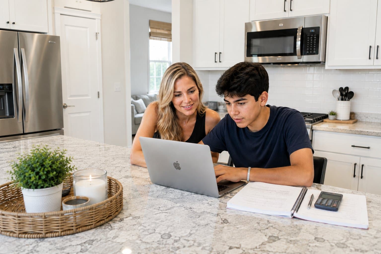 A parent and a teenage student looking at a laptop together at a kitchen counter.